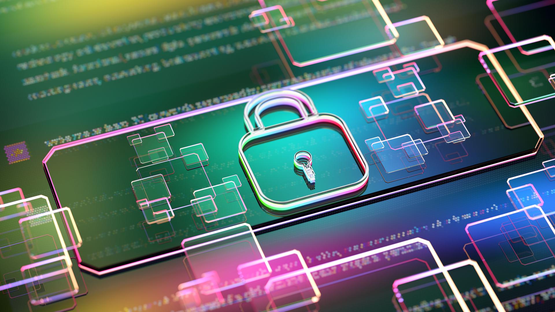 Cyber security concept. Network data protection. Lock sign on digital display